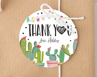 Editable Cactus Thank You Favor Tags Round Squared Fiesta Baby Shower Birthday Bridal Shower Stickers Digital Template Printable 0254