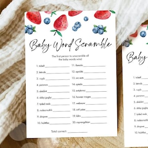 Editable Baby Word Scramble Baby Shower Game Strawberry Blueberry Berry Sweet Word Search Digital Download Template Printable 0399