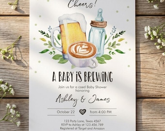 Einladung zur Babyparty „Ein Baby ist im Anmarsch“, Bierflaschen-Design, gemischte Babyparty, bearbeitbare Druckvorlage 0190