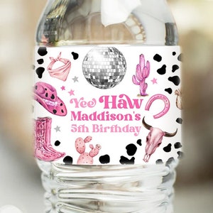 Editable Space Cowgirl Water Bottle Labels Disco Cowgirl Party Decor Rodeo Birthday Wild West Nashville Pink Printable Template Corjl 0455