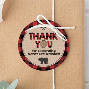 Editable Lumberjack Favor Tags Thank you Lumberjack Birthday Round tag Sticker Label Baby shower Woodland Bear template PRINTABLE Corjl 0026 image 1