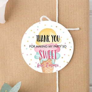 Editable Ice Cream Thank you Tags Round Ice Cream Stickers Ice Cream Birthday Girl Pink Mint Ice Cream Social Favor Tags Template Corjl 0243