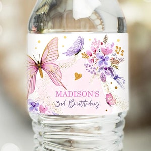 Editable Butterfly Water Bottle Label Girl Floral Butterfly Party Garden Pink Gold Purple Drink Label Download Printable Template Corjl 0437