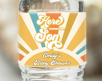 Editable Here Comes the Son Water Bottle Label Boy Retro Sunshine Baby Shower Boho Drink Label Sun Download Printable Template Corjl 0457