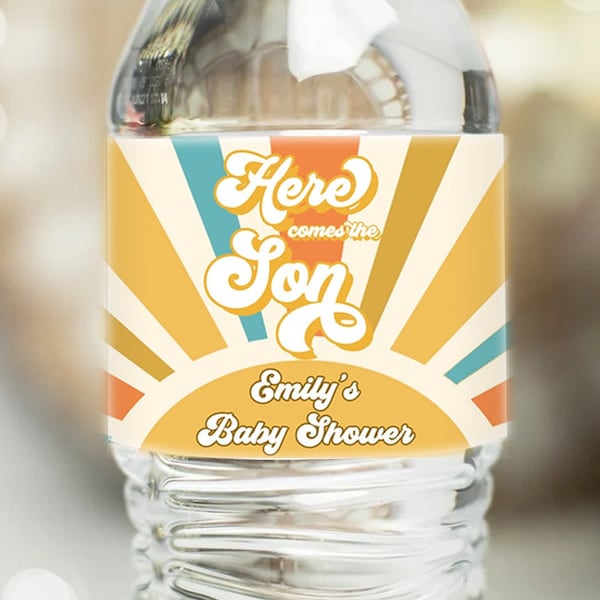 Editable Here Comes the Son Water Bottle Label Boy Retro Sunshine Baby Shower Boho Drink Label Sun Download Printable Template Corjl 0457