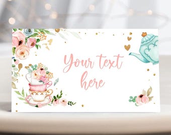Editable Tea Party Food Labels Tea Place Card Tent Card Insert Card Par-Tea Tea for Two Decor Girl Floral Pink Printable Template 0349