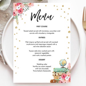 Cartão de menu de viagem editável, chá de panela, rosa, floral, dourado, confete, malas de chá de bebê, aventura, modelo digital para download, para impressão 0030