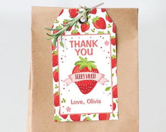 Editable Strawberry Favor Tags Strawberry Birthday Thank you tags Label Berry Much Gift tags Farmers Market Template PRINTABLE Corjl 0091