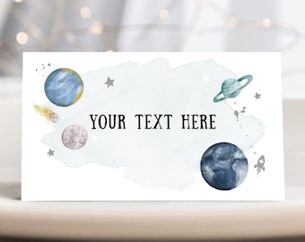 Editierbarer Weltraum Lebensmittel Etikett Geburtstag Galaxie Insert Karte Label Tischkarte Zelt Astronaut Rund um die Sonne Silber Template Printable 0357