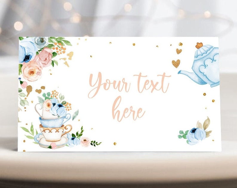 Editable Tea Party Food Label Tea Place Card Tent Card Escort Card ParTea Tea for Two Decor Girl Floral Blue Printable Corjl