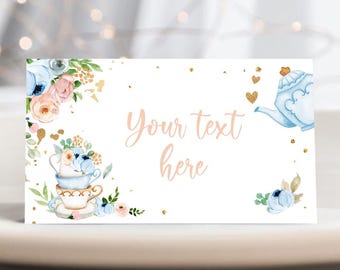 Editable Tea Party Food Label Tea Place Card Tent Card Insert Par-Tea Tea for Two Decor Girl Floral Blue Digital Template Printable 0349