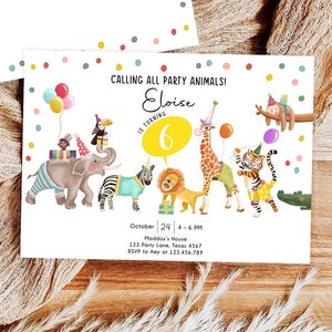 Convite de aniversário editável para todos os animais da festa Wild One Jungle Zoo Safari Animals Boy Girl Digital Evite Template Printable 0482