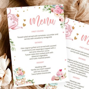 Editierbare Blumen Tee Menü Karte Tee Geburtstag Pink Gold Konfetti Floral Baby Shower Baby braut Digital Download Template Printable 0349