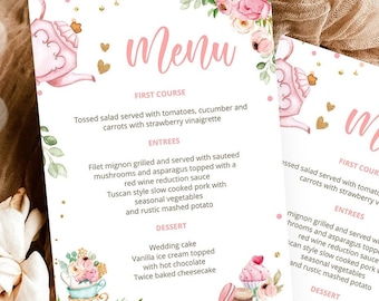 Editable Floral Tea Menu Card Tea Birthday Pink Gold Confetti Floral Baby Shower Baby is Brewing Digital Download Template Printable 0349