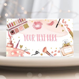 Etiquetas de comida editables para fiestas de spa, brillos y glamour, carpa de comida para cumpleaños, carpa de etiquetas para bufé para niñas, plantilla digital de moda para maquillaje imprimible 0420