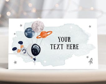 Editable Food Label Outer Space Astronaut Birthday Galaxy Food Labels Place Card Tent Insert Orange Silver Digital Template Printable 0366