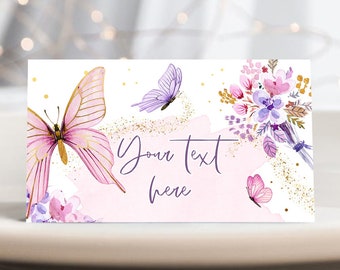 Bewerkbare vlinder voedseletiketten bloemen vlinder verjaardag voedselkaarten tentkaart meisje roze paars buffet etiket tentsjabloon afdrukbaar 0437
