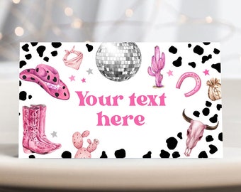 Etiqueta de comida editable para vaquera espacial, tarjetas de comida para cumpleaños de vaquera disco, tarjeta de tienda para niña, plantilla de etiqueta de buffet de rodeo de Nashville rosa imprimible 0455
