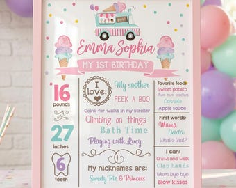 Op de afbeelding: Een ingelijst verjaardagsbord voor Emma Sophia met een illustratie van een ijscowagen, pastelkleurige confetti en tekst met details over 16 pond, 27 inch, 6 tanden, favoriete voeding, eerste woorden en bijnamen in roze, blauwe en bruine letters.