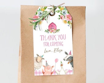 Editable Farm Favor Tags Tags Pink Farm Birthday Thank you tags Barnyard Gift Tags Girl Birthday Old McDonald Template PRINTABLE Corjl 0155