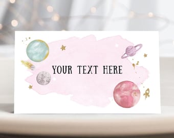 Editable Outer Space Food Label Birthday Galaxy Name Place Card Label Tent Insert Astronaut Around the Sun Digital Template Printable 0357
