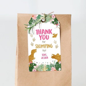 Editable Dinosaur Favor Tags Gift Tag Girl Pink Gold Thank You for Stomping By Tag Birthday Dino Party T-Rex Corjl Template Printable 0146