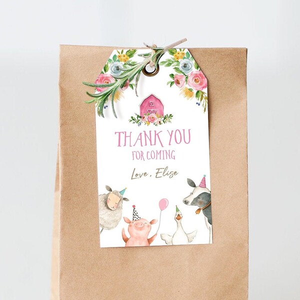 Editable Farm Animals Favor Tag Farm Girl Birthday Thank You Tag Pink Barn Party Animals Gift Tag Download Corjl Template Printable 0155