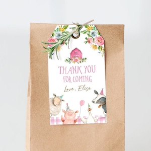 Editable Farm Favor Tags Tags Pink Farm Birthday Thank you tags Barnyard Gift Tags Girl Birthday Old McDonald Template PRINTABLE Corjl 0155