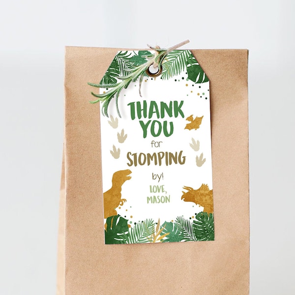 Editable Dinosaur Favor Tags Gift Tag Boy Green Gold Thank You for Stomping By Tag Birthday Dino Party T-Rex Corjl Template Printable 0146