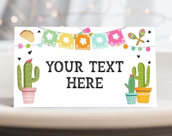 Editable Fiesta Taco Food Labels Fiesta Party Place Card Tent Card Birthday Baby Shower Mexican Fiesta Cactus Decor Corjl Template 0161