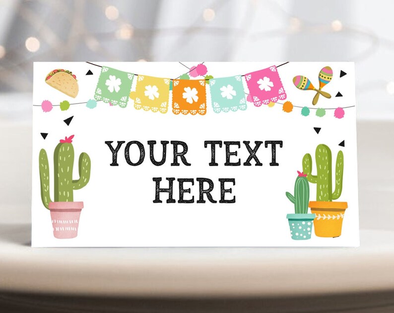 Editable Fiesta Taco Food Labels Fiesta Party Place Card Tent Card Birthday Baby Shower Mexican Fiesta Cactus Decor Corjl