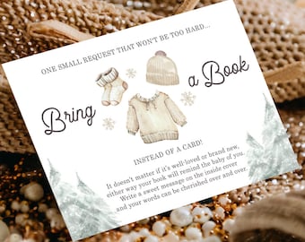 Editable Bring a Book Card Baby It's Cold Outside Baby Shower Winter Snow Gender Neutral Watercolor Request Digital Template Printable 0491
