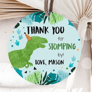 Editable Dinosaur Birthday Favor Tags Gift Tag Boy Green T-Rex Thank You Stomping By Dino Party T-Rex Digital Template Printable 0389