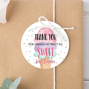 Editable Ice Cream Thank you Tags Round Ice Cream Stickers Ice Cream Birthday Girl Pink Ice Cream Social Favor Tags Template Corjl 0243