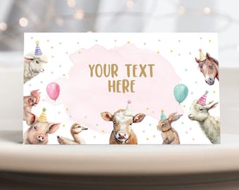 Editable Farm Animals Food Label Barnyard Birthday Name Place Tent Card Girl Pink Farm Cow Buffet Party Animals Template Printable 0448