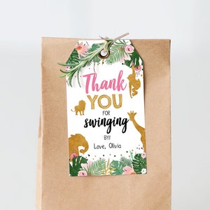 Editable Safari Favor tags Wild One Animals Thank you tags Swinging By Label Party Animals Pink Gift tags Zoo Template Digital Download 0016