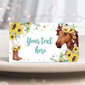 Editable Horse Birthday Food Tent Cards Horse Labels Cowgirl Party Place Card Girl Sunflowers Pony Saddle Up Digital Template Printable 0408