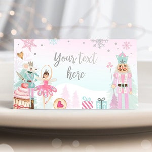 Schede modificabili per tende da compleanno Schiaccianoci Etichette Schiaccianoci Segnaposto per feste invernali per bambine Modello digitale stampabile Terra dei dolci 0352