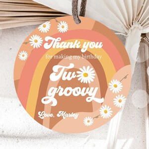 Editable Two Groovy Favor Tags Retro Daisy Birthday Thank you Sticker Festival Gift tags 70s Floral Hippie Digital Template Printable 0428