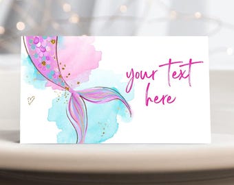 Editable Mermaid Food Label Mermaid Birthday Place Card Tent Card Insert Card Girl Pink Gold Under The Sea Digital Template Printable 0403