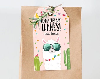 Editable Llama Favor Tags Llama Thank You Tags Fiesta Cactus Alpaca Mexican Llama Party Favor Tags Girl Pink Sunglasses Corjl Template 0079