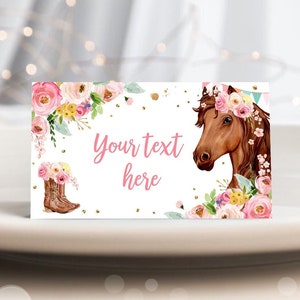 Editable Horse Birthday Food Tent Cards Horse Labels Cowgirl Party Place Cards Girl Pink Floral Pony Saddle Up Printable Template Corjl 0408 image 1