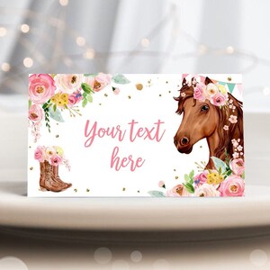 Editable Horse Birthday Food Tent Cards Horse Labels Cowgirl Party Place Cards Girl Pink Floral Pony Saddle Up Printable Template 0408