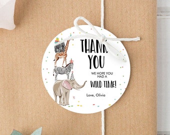 Editable Party Animals Favor tags Wild One Animals Thank you tag Round Squared Safari Animals Zoo Birthday Wild Time Stickers Zoo Corjl 0142