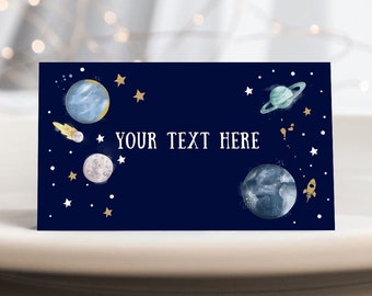 Editable Food Labels Outer Space Birthday Galaxy Food Labels Place Card Tent Card Escort Card Astronaut Around the Sun Template Corjl 0357