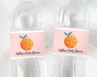 Editable A Little Cutie is on The Way Water Bottle Labels Pink Girl Baby Shower Clementine Orange Cutie Decor Printable Corjl Template 0330