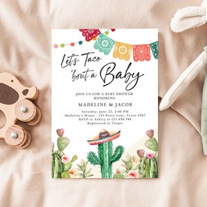 Bewerkbare Let&#39;s Taco Bout a babyshower uitnodiging Cactus Mexicaanse Fiesta paren douche woestijn aquarel sjabloon Corjl afdrukbare 0404