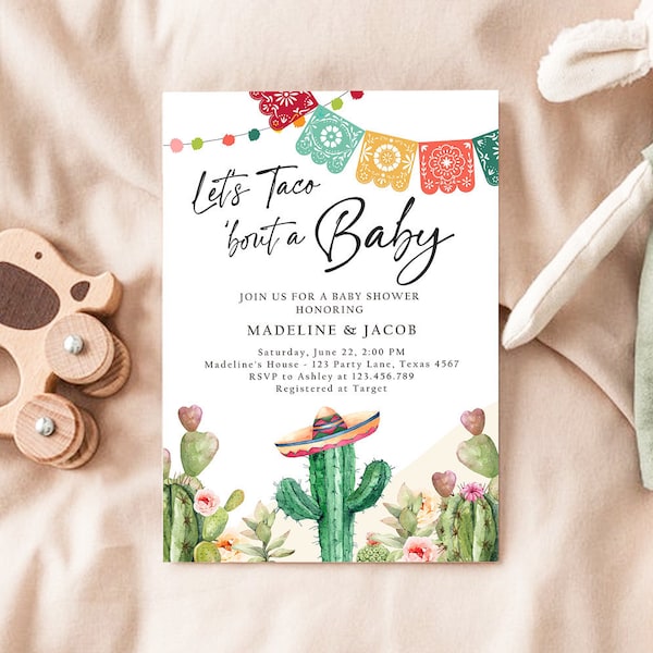 Editable Let's Taco Bout a Baby Shower Invitation Cactus Mexican Fiesta Couples Shower Desert Watercolor Template Corjl Printable 0404