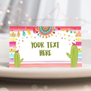 Étiquettes modifiables de nourriture de cactus de fiesta, carte de lieu de fête Fiesta, carte d&#39;anniversaire, baby shower, modèle de TwosDay mexicain de fiesta, imprimable 0134