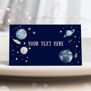 Editable Food Labels Outer Space Birthday Galaxy Food Labels Place Card Tent Card Escort Card Astronaut Around the Sun Template Corjl 0357